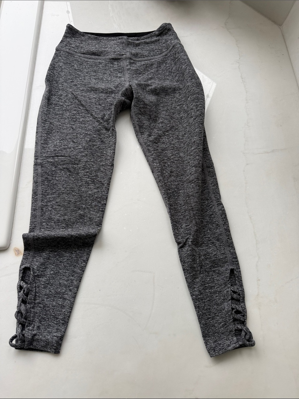 Beyond Yoga Dark Heather Gray Capri Leggings with Lattice Side Cuffs